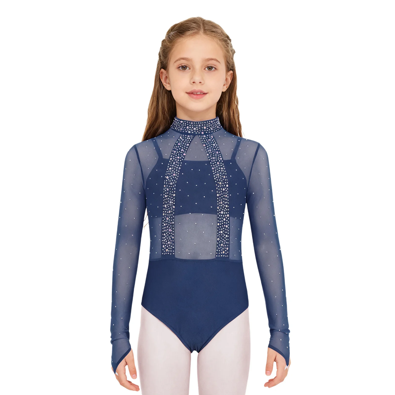 

Kids Girls Gymnastics Ballet Dance Warm-up Performance Costume Long Sleeve Shiny Sheer Mesh Leotard with Camisole Dance Suits