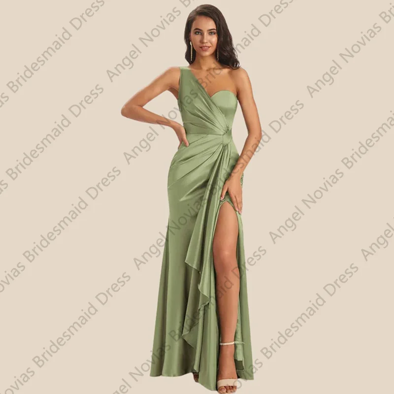 

Sexy Sage Green Long Bridesmaid Dresses For Women Customized Shiny Satin One Shoulder Sleeves Wedding Guest Dresses