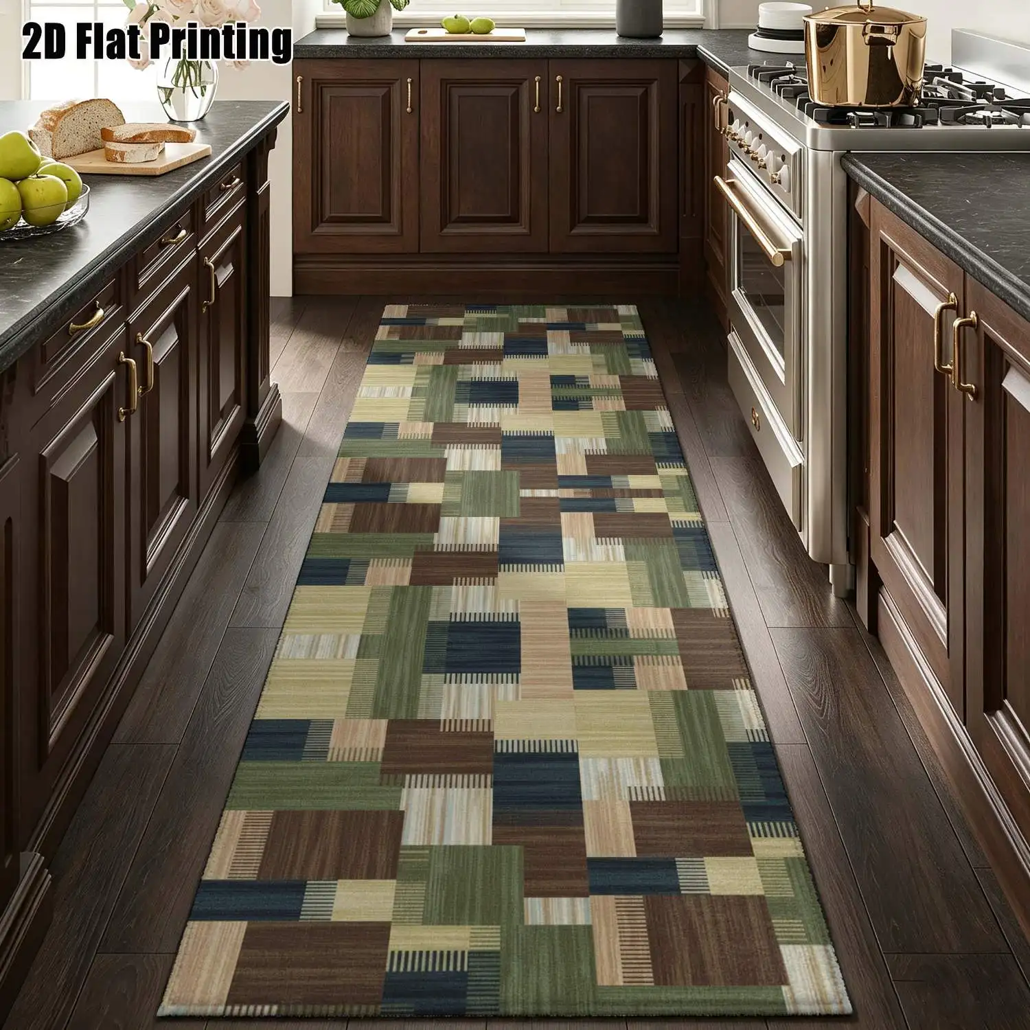 1Pc 2D Printed Strip Runner Rug: Blue-Green-Brown Geometric Patterns, Nordic/Instagram/Modern Minimalist/European Style, Home Decor, Multiple Sizes, Machine Washable, for Hallway, Entrance, Living Room, Bedroom