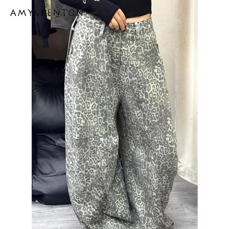 

Американские ретро-джинсы с леопардовым принтом для женщин, зима 2025, новинка, модные, с низкой посадкой, утепленные флисом, широкие брюки для девушек