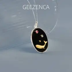 GEEZENCA 925 Silver Two Tone Black Agate Whale Oval Pendant Women Cute Fish Zircon Necklace Pendants Without Chain 2024 New Gift