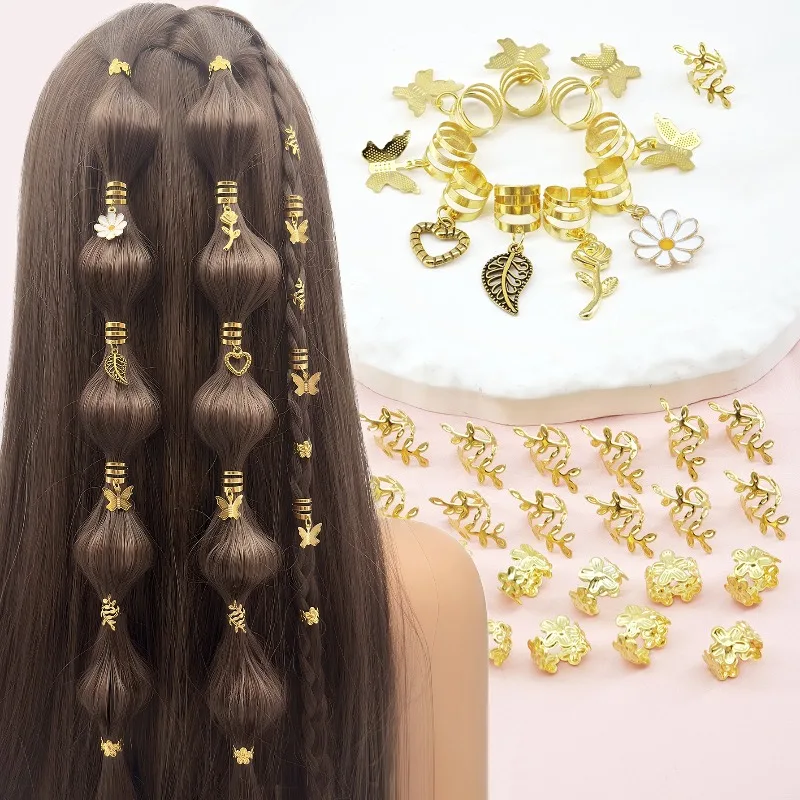 

49Pcs Gold Dreadlock Hair Rings with Butterfly Daisy Leaf Rose Charms Versatile Accessories for Women Non Slip High Quality Soft