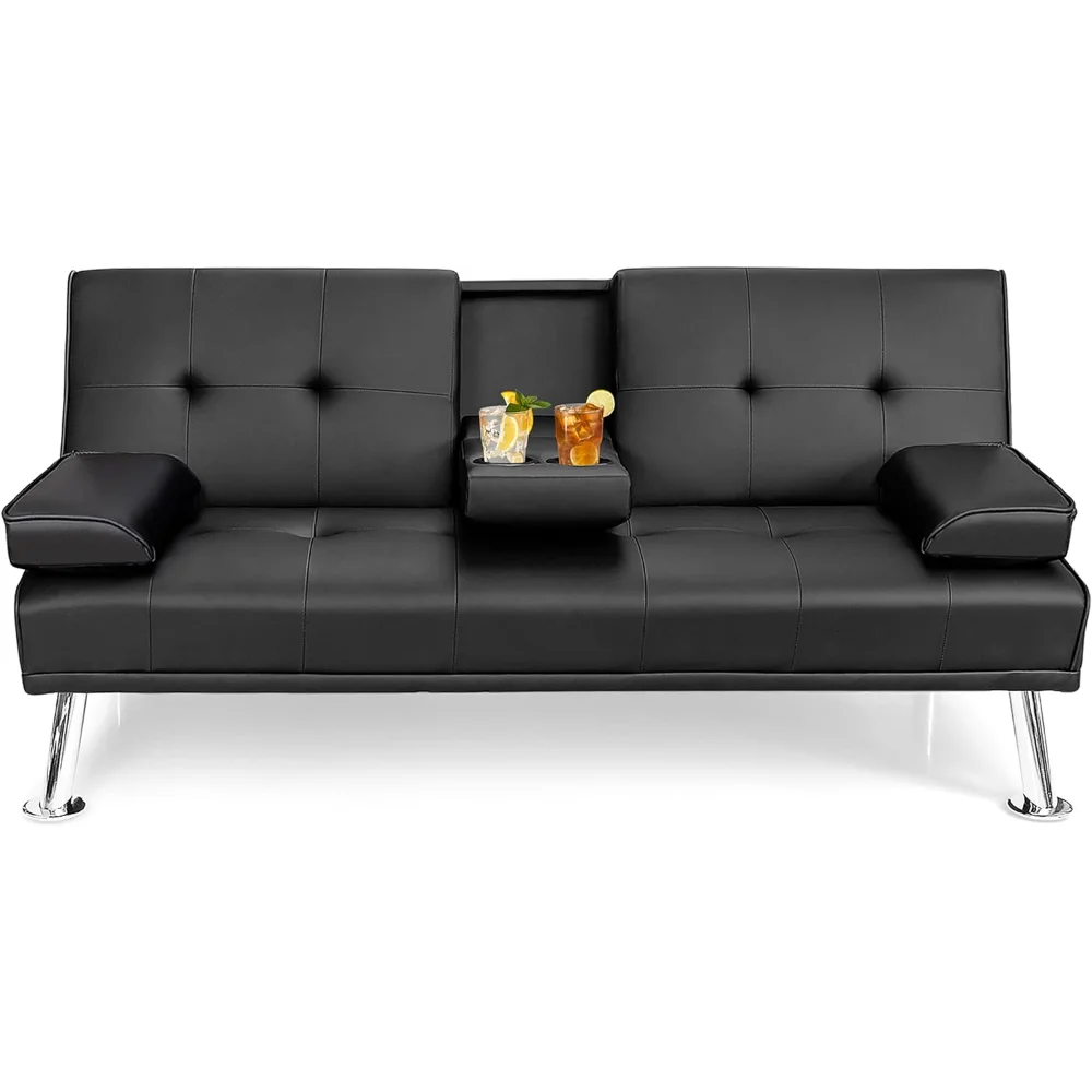 

Faux Leather Convertible Sectional Sofa Bed, Morden Folding Convertible Futon w/Cup Holders & Armrests Black
