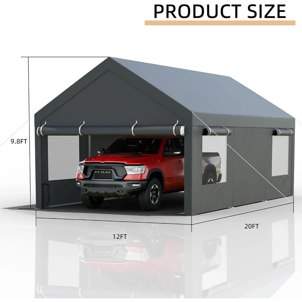 12x20 FT Carport Garage with Removable Sidewalls & Doors, Roll-up Windows, Sandbags and All-Season Tarp, Carport Garage