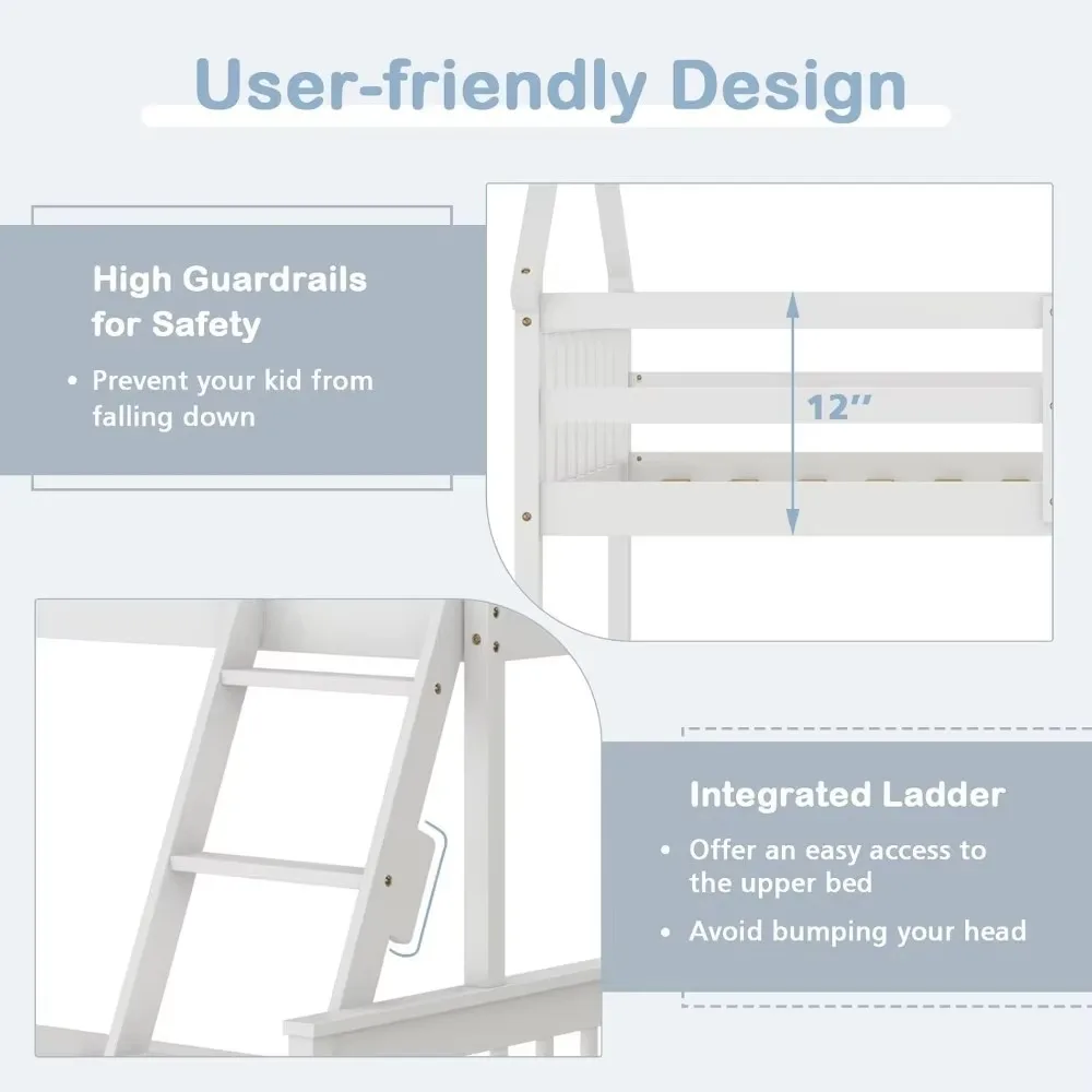 Solid Pine Wood Bunk Bed Frame with Guardrails, House Bunk Bed Frame for Kids,Teens, Juniors,No Box Spring Needed (White)