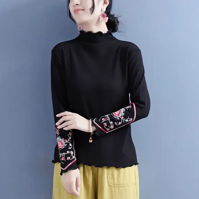 Autumn Winter Ethnic Style Double-Sided Embroidered Top for Women T-Shirt Wooden Ear Half Turtleneck Vintage Woman Clothes Black