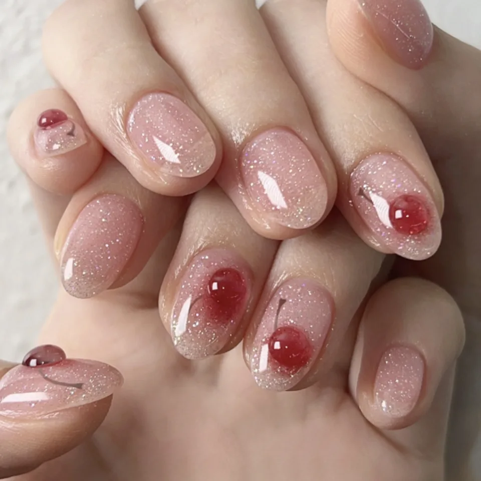 Uñas Postizas 3D Limón Azul Blanco Rayas Francesas Veraniegas Chic Cortas Redondas Desmontables Terminadas 6