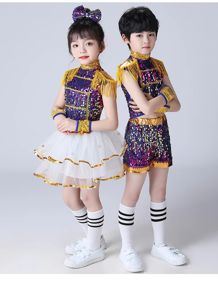 Children Modern Dance Suit Sequin Jazz Dance Clothing Set For Girls Boys Kids Dance Outfit Stage Suit Cheerleader Dress