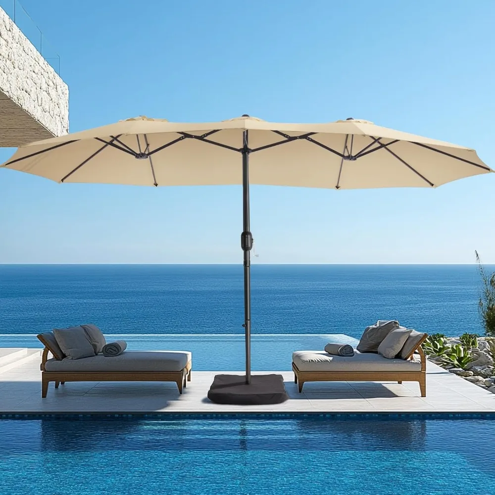 

15ft Large Patio Umbrella with Base, Outdoor Double-Sided Parasol with Crank Handle, Strong UV Protection