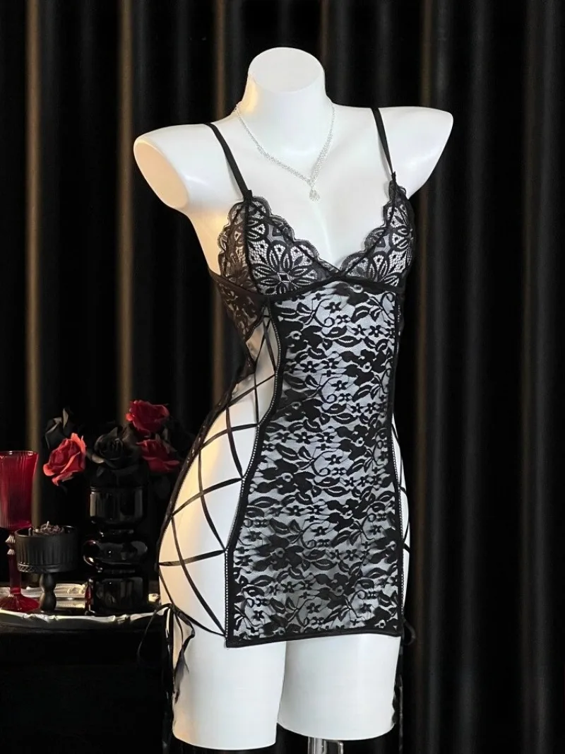 

Seduction,Hot and Alluring Lace-Trimmed,Cut-Out,Cross-Tied Nightdress,V-Neck,Chest-Revealing,Probably Short Skirt,Perfect for