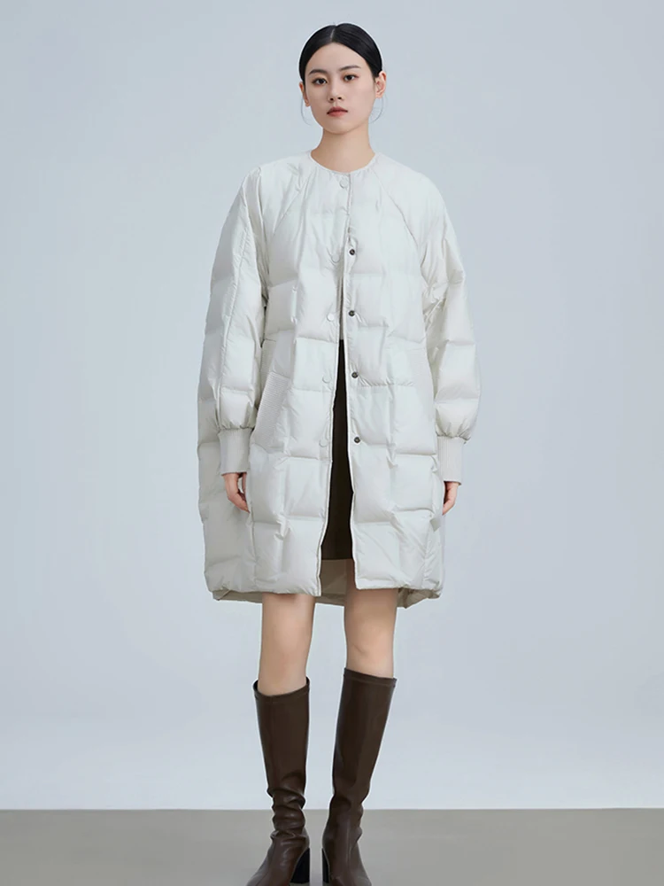 

Winter Long Round Neck Down Jacket Female Single Breasted Quilted Parker Outwears Women 90 White Duck Down Thickening Overcoat