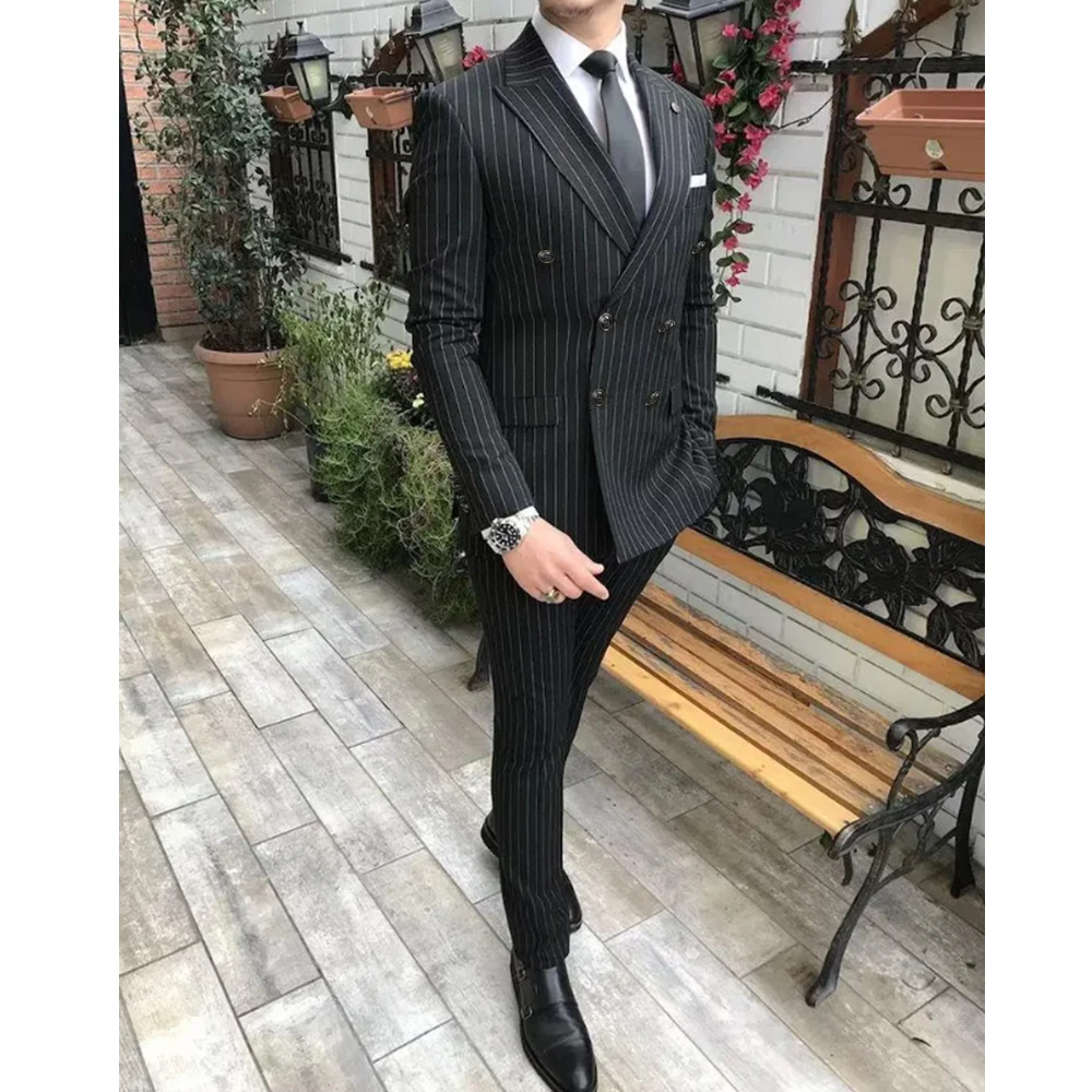 High-end Black Striped Men Suit Elegant Party Wedding 2 Pieces Fashion Smart Casual Formal Male Suit Slim (Blazer+Pants)