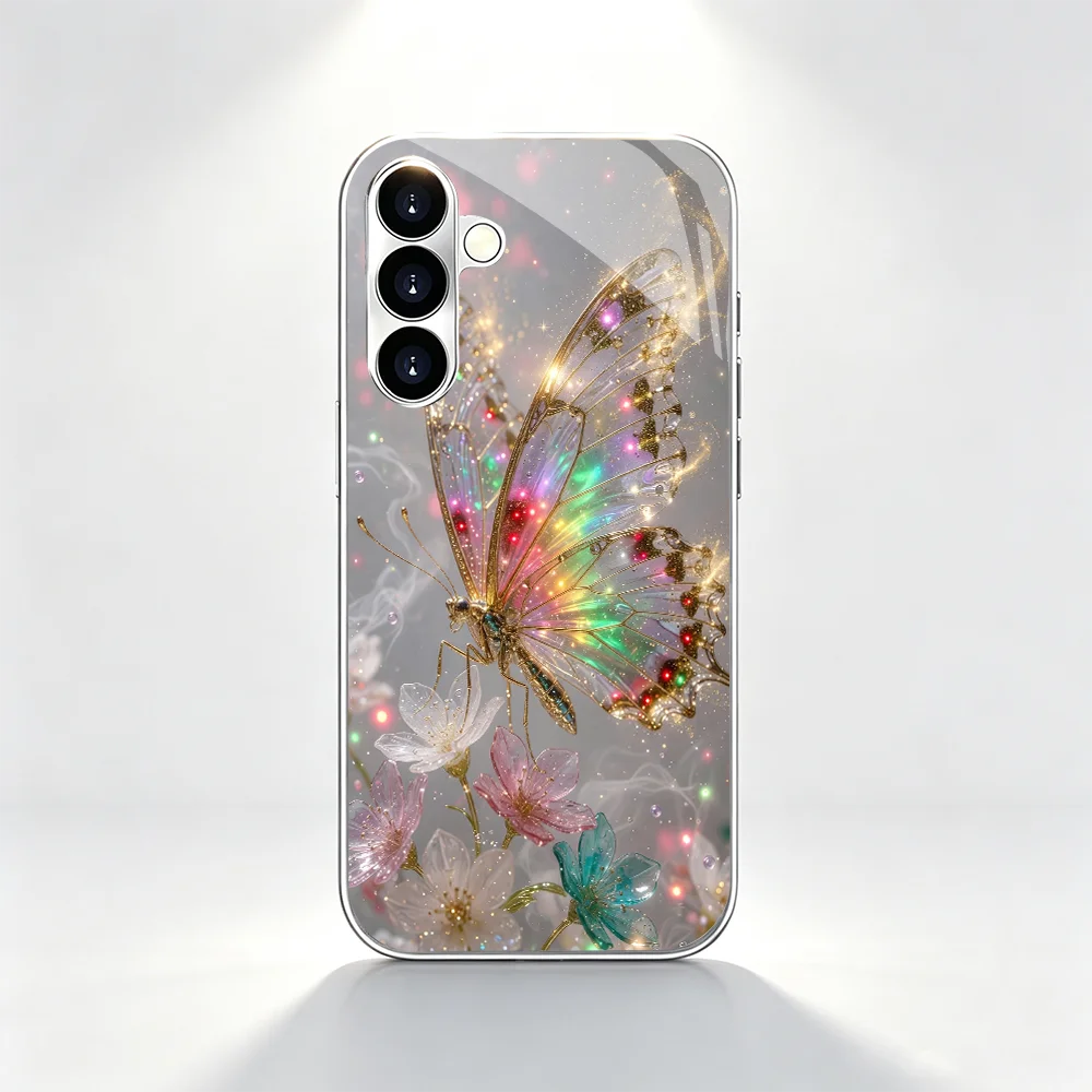 Fluorescent colored butterfly s26 ultra case Glass phone case for Samsung Galaxy S26 25 24 23 22 21FE Ultra Plus Anti-Fall Shell