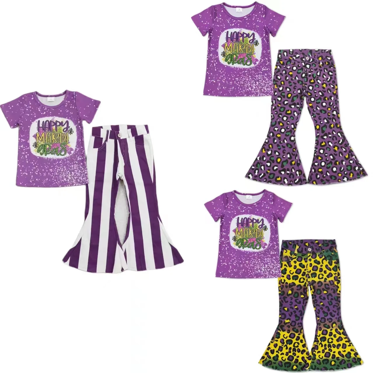 Wholesale Infant Mardi Gras Set Clothing Children Toddler Purple Short Sleeves Shirt Denim Pants Kids Infant Outfit