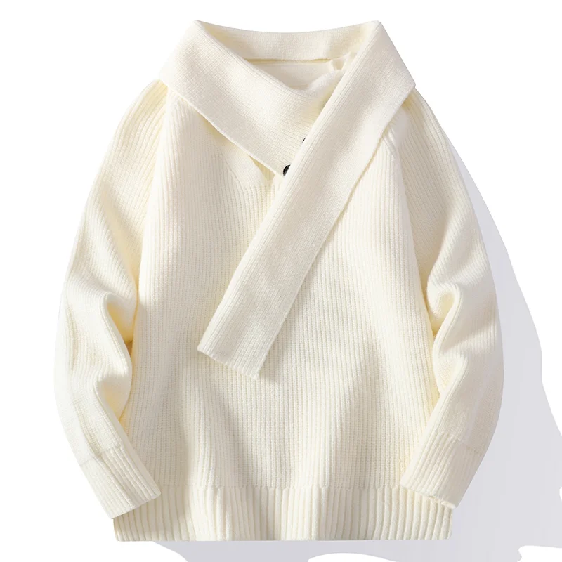 Однотонный осенне-зимний мужской свитер с длинными рукавами и нерегулярным воротником