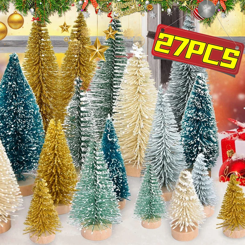 27/9PCS Mini Christmas Tree Ornament Artificial Pine Sisal Snow Landscape Xmas Trees Christmas Tabletop Navidad Decoration Gifts