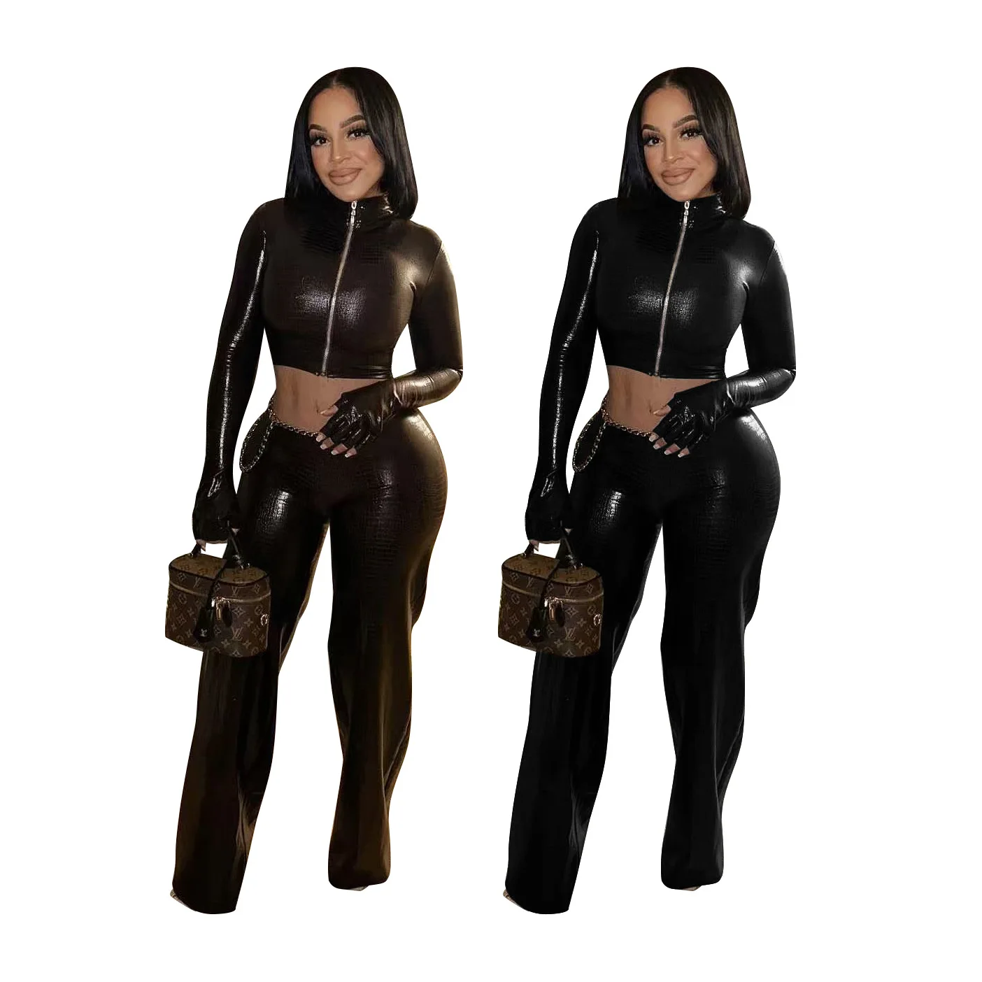 

Sexy Black Faux Leather 2 Piece Set Women's Cropped Zipper Top & High Waist Pants Bodycon Club Outfits Night Party Matching Set