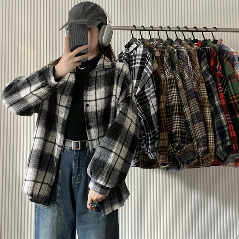 

Flannel Plaid Shirt for Women Long Sleeve Collared Button Down Oversize Check Shirt Jacket Teen-girl Preppy Casual Outfit