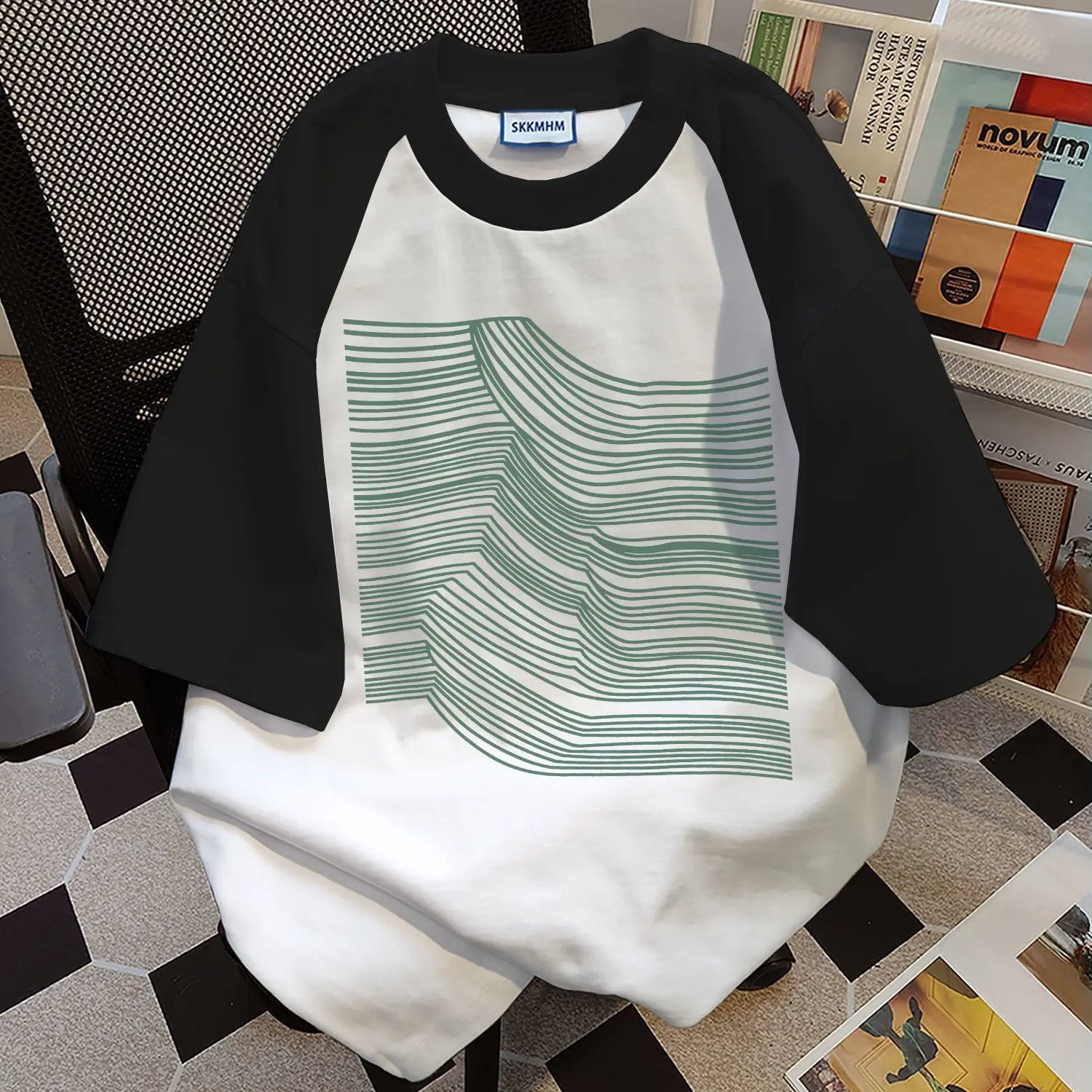 

Summer Line Print Men O Neck Short Sleeve T Shirt Cotton Teenager Spliced Hit Color Fashion Casual All-match Loose Clothing Tops