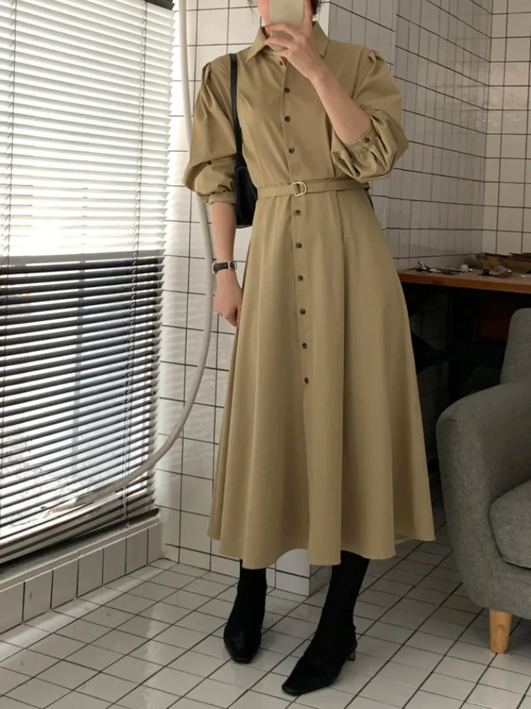 

Винтажное платье с воротником-хомутом и рукавами-фонариками, приталенное, в корейском стиле, для женщин, весна-осень-зима