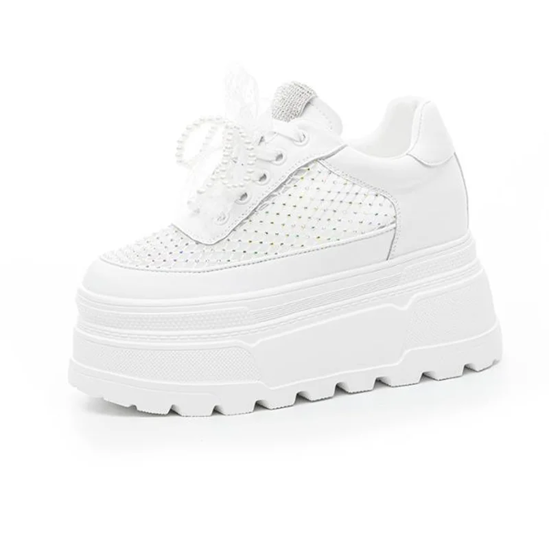 

10cm Woman Platforms Chunky Sneakers for Leisure Shoes Summer Crystal Splicing Ladies Microfiber Leather Wedge Casual Flat Shoes