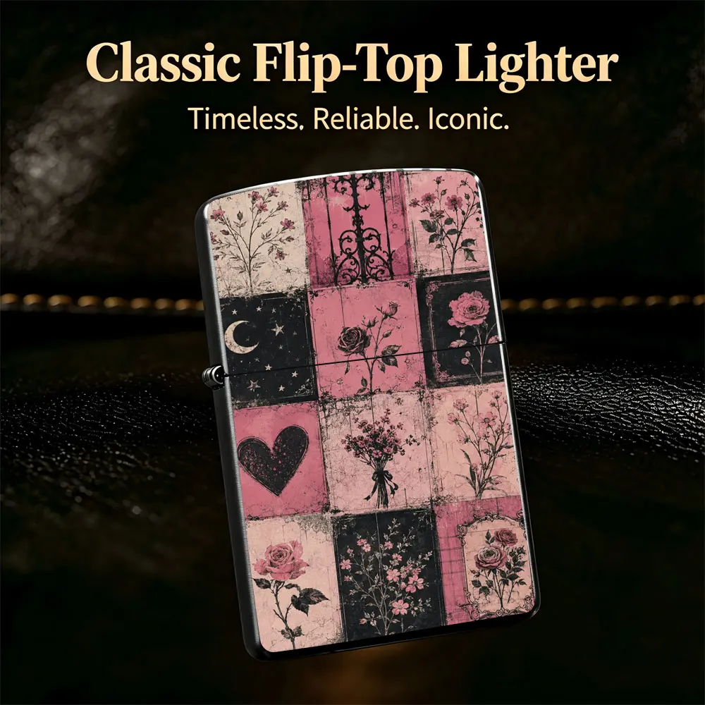 Pocket Lighter, Flip-Top Windproof Design, Metal Shell, Retro Patchwork Heart & Floral Pattern, Comfortable Grip, Portable & Durable