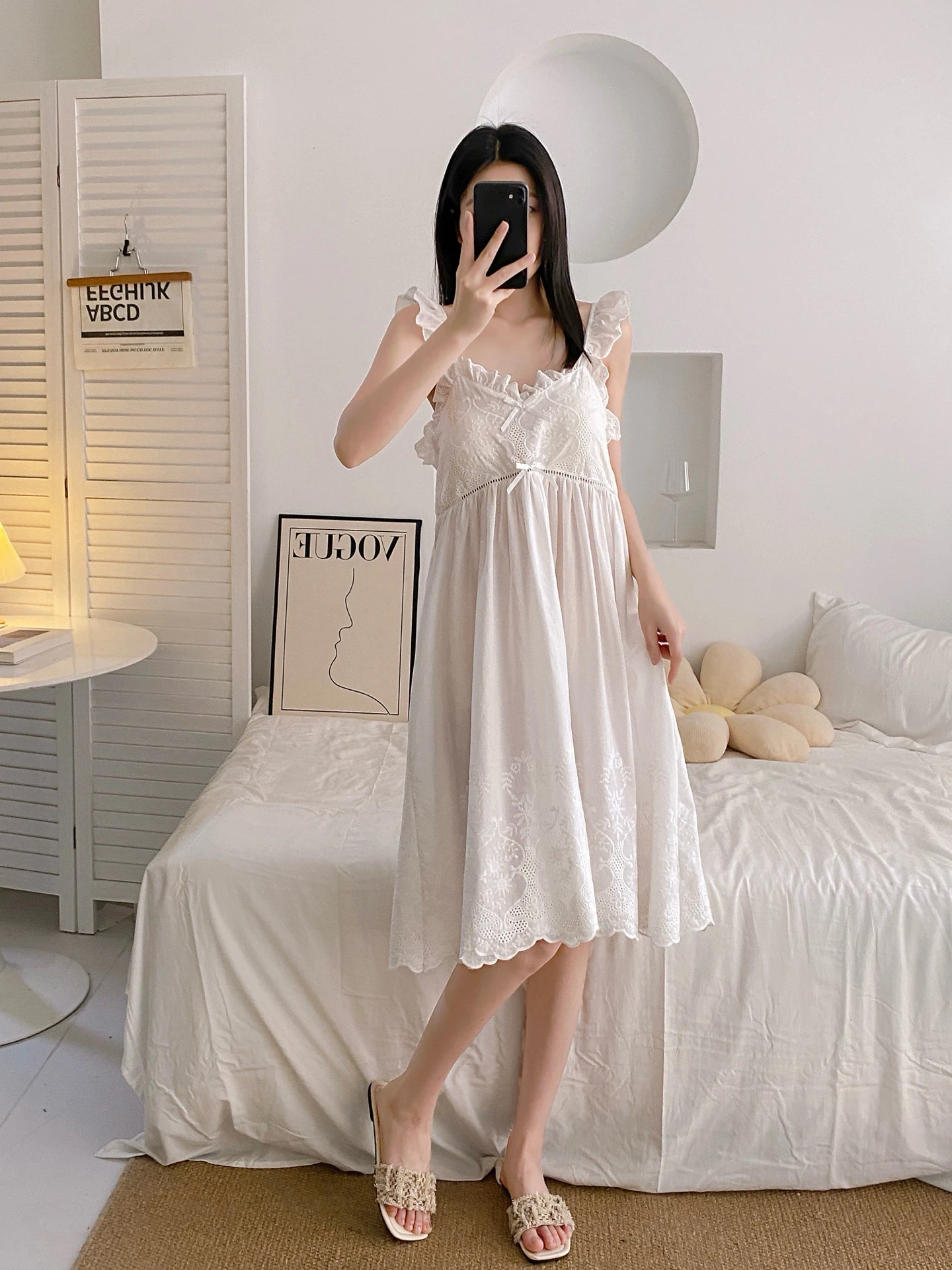 Sweet Fairy Style Thin Summer New Cotton Suspender Nightdress French Casual White First Love Lace Loungewear