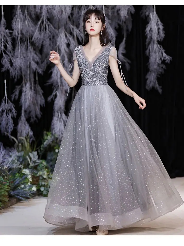 Gray Spaghetti Strap Off-the Shoulder Women Appliques Bridesmaid Dress Fashion Lantern Short Sleeve Starry Lace Up Dress