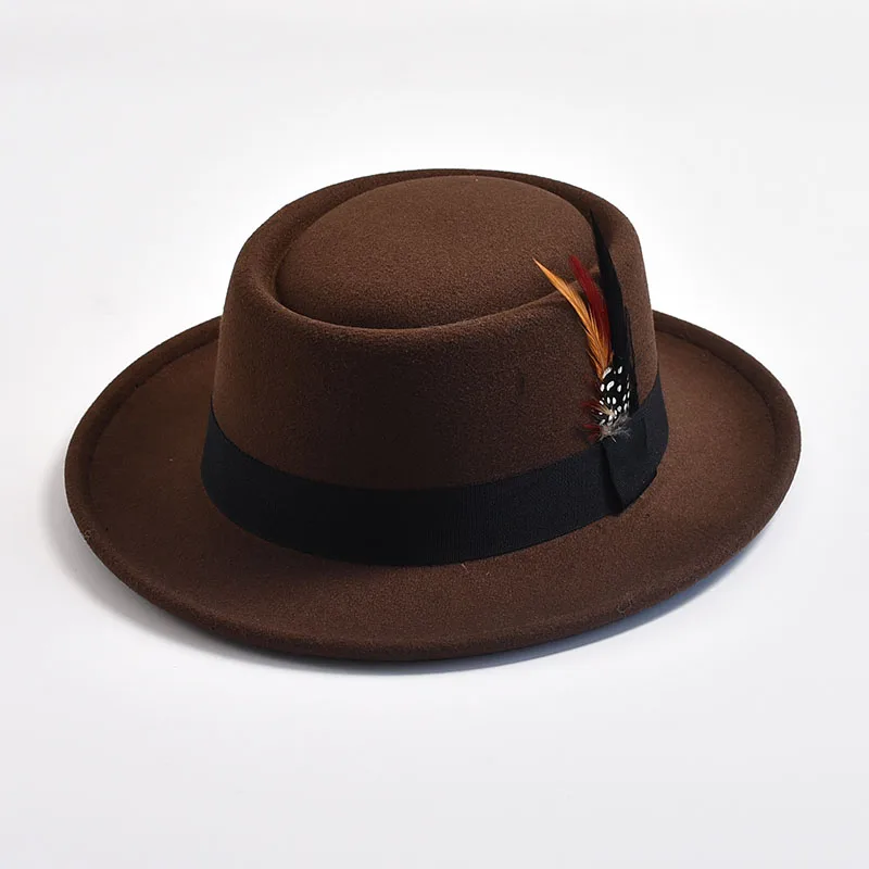 NEW Vintage Pork Pie Hat Mens Rolled Brim Felt Fedora Hat with Feather Gentleman Trilby Jazz Hats