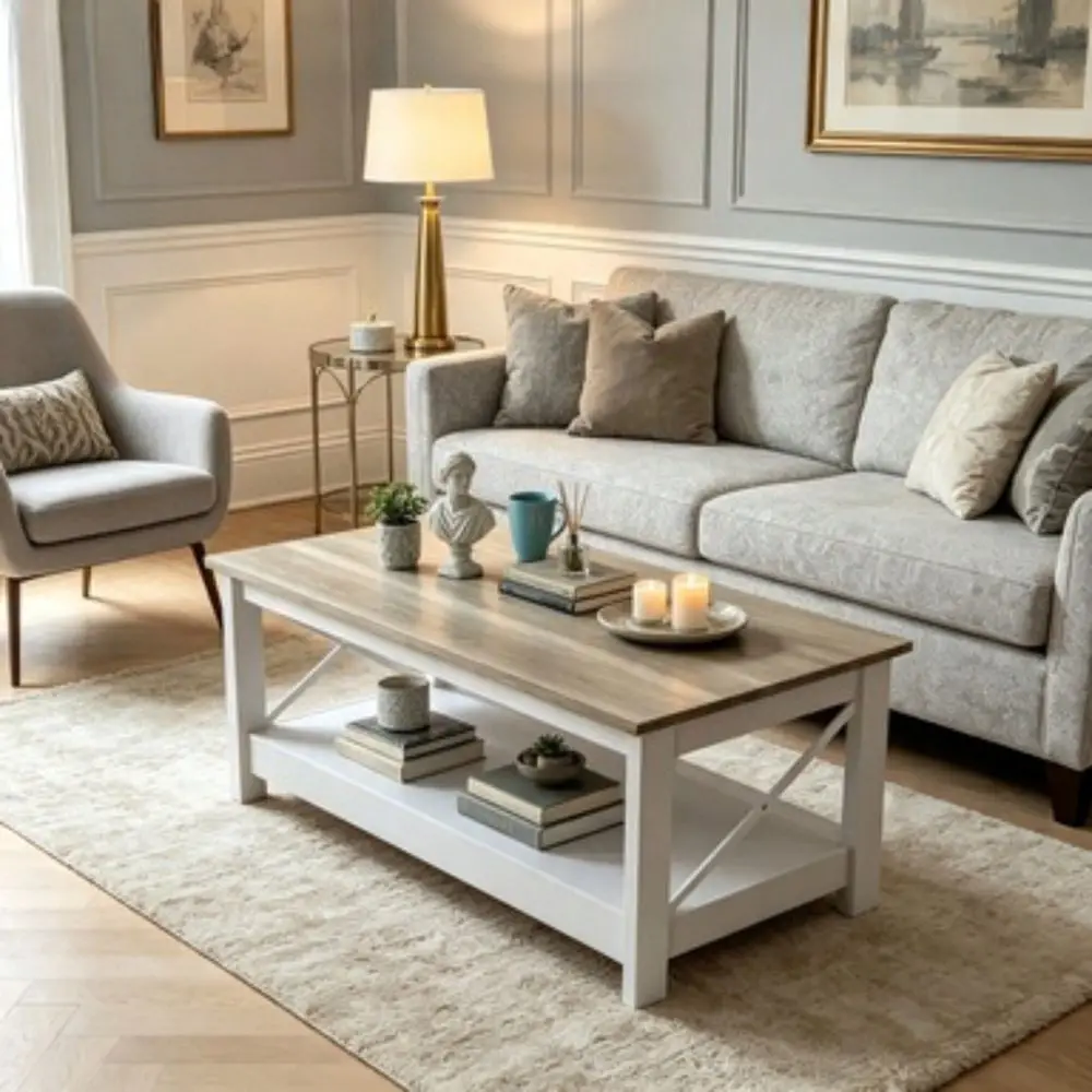Rustic Wood Coffee Table With Open Storage Shelf, Oak