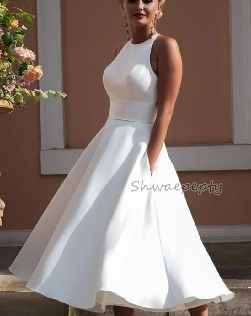 

Tea-Length A-Line Simple Wedding Dress With Pockets Open Back O-Neck Sleeveless White Satin Bridal Gown Customized