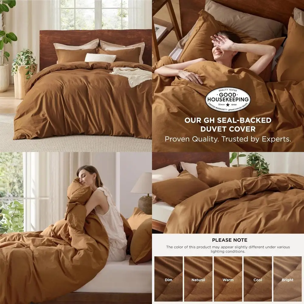 

100% Cotton King Size Duvet Cover - Breathable Minimalist Hazelnut Brown Linen-Like Washed Cotton Bedding Set