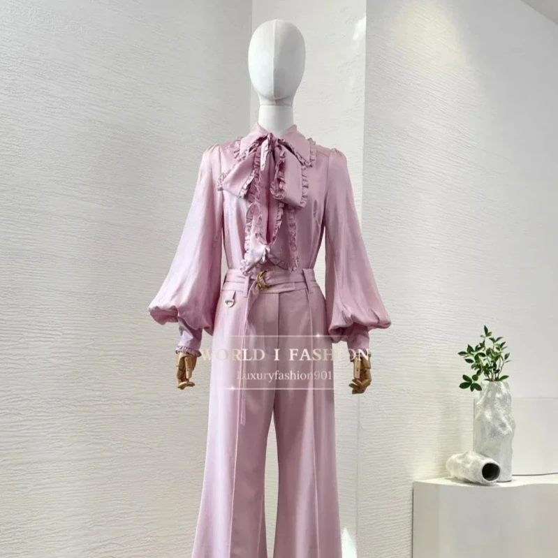 

Elegant Women's Pink/Brown Turn Down Collar Long Sleeve Jacket Tops and Pants Set 2025 Ramie
