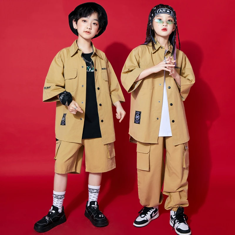Kids Hip Hop Street Dance Costume Girls Jazz Dance Clothes Khaki Tops Pants Short Sleeved Suit Concert Performance Outfit BL8611