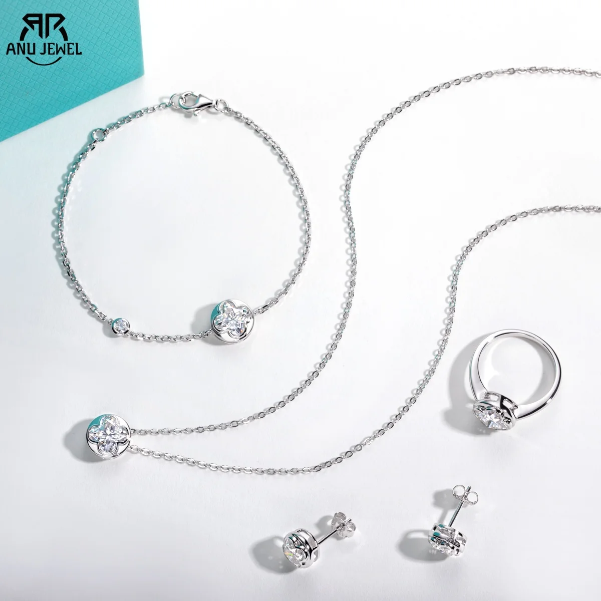 AnuJewel Four-Leaf Clover Cut Moissanite Bezel Ring Necklace Bracelet Earrings 925 Sterling Silver Classic Jewelry Set for Women