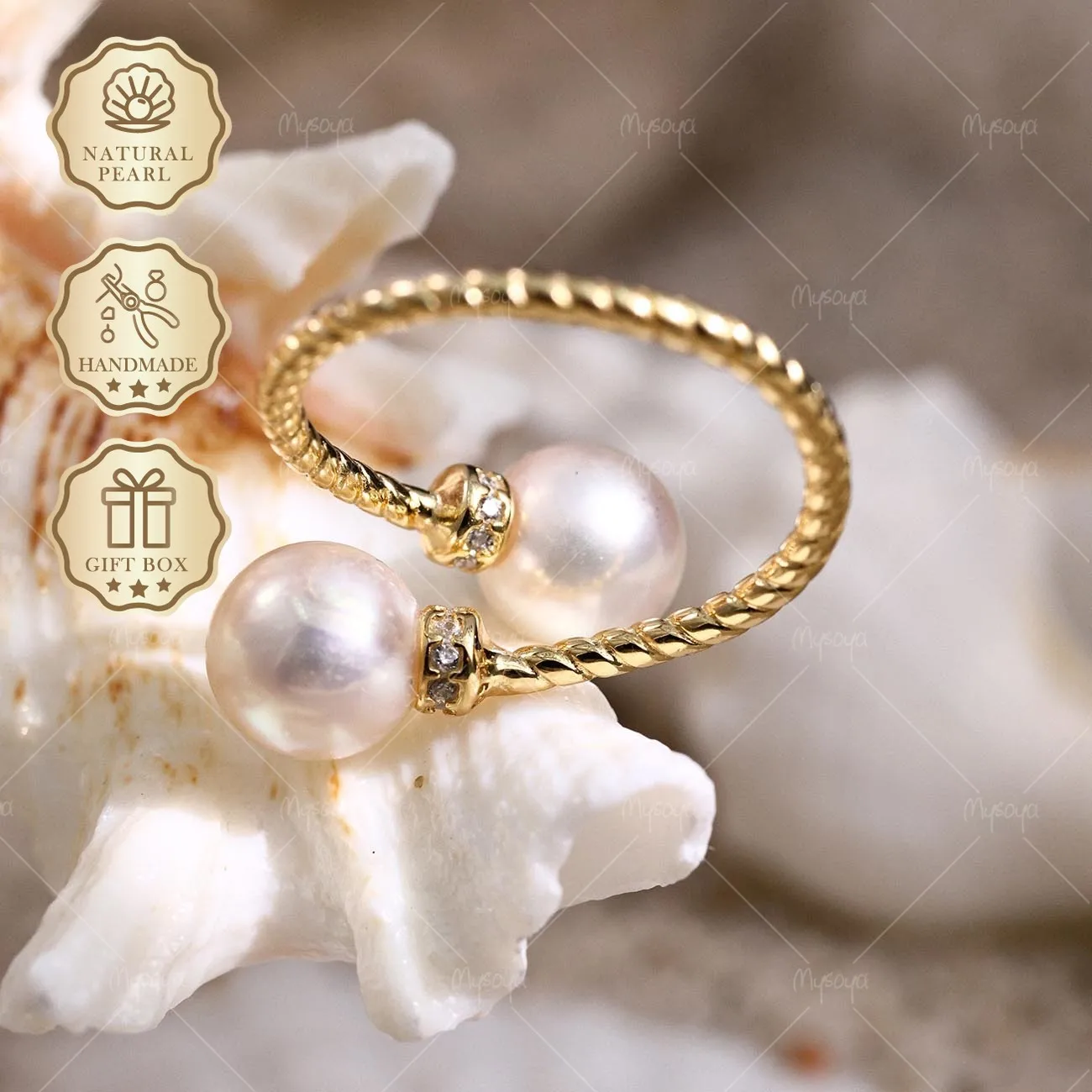 

Кольцо Mysoya Japan Akoya с двойным жемчугом, 8-8,5 мм, золотистое, S925, подарочная коробка, подарок на День святого Валентина или день рождения для нее