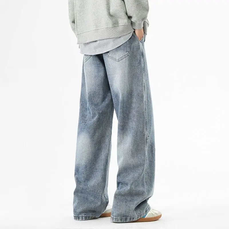الرجال الربيع والصيف فضفاضة وعصرية النمط الأمريكي الجينز مستقيم أنبوب الرجعية واسعة الساق ثنى السراويل الطويلة غير رسمية #6