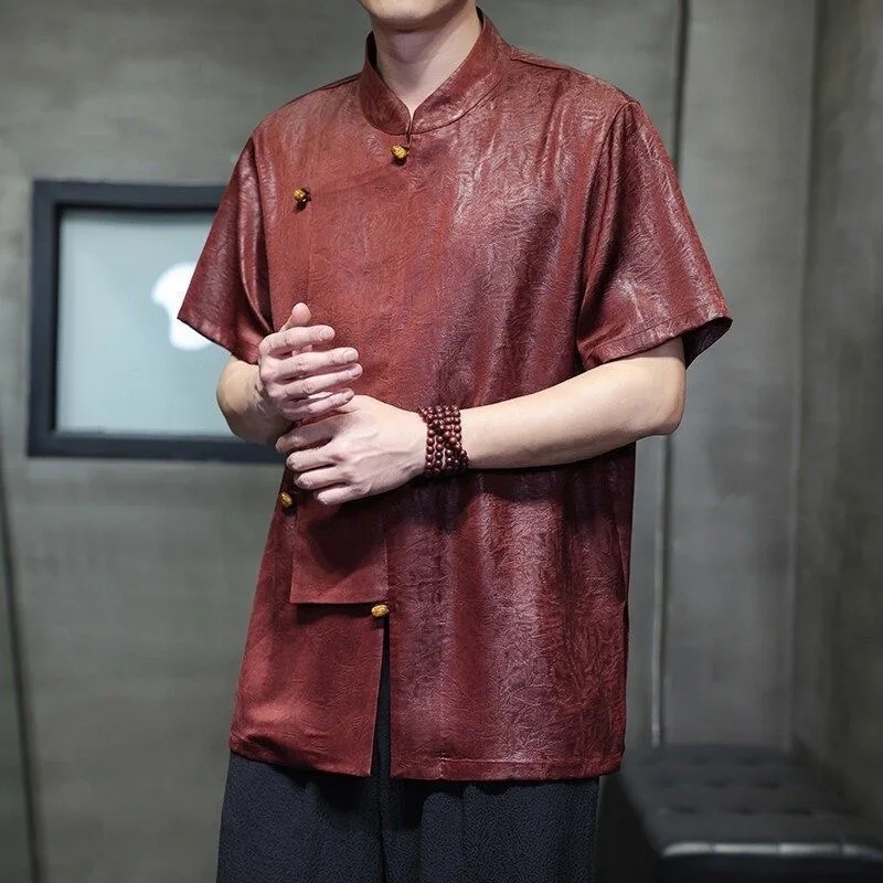 New Chinese Style Loose Short Sleeve Shirt Satin Ice Sensation Drapey Agate Button Embossed Design Casual Summer Youth Wear