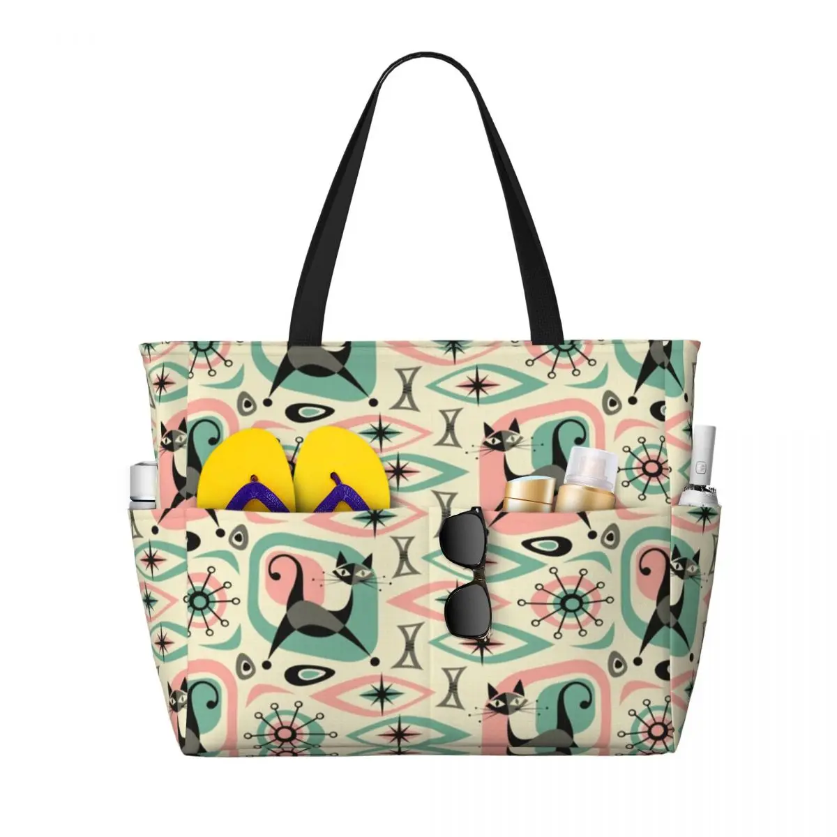 

Сумка-тоут Mid Century Cat Abstract Beach Tote Bag Спортивная сумка для занятий йогой в тренажерном зале Большая большая сумка Женская дорожная сумка Сумка для фитнеса