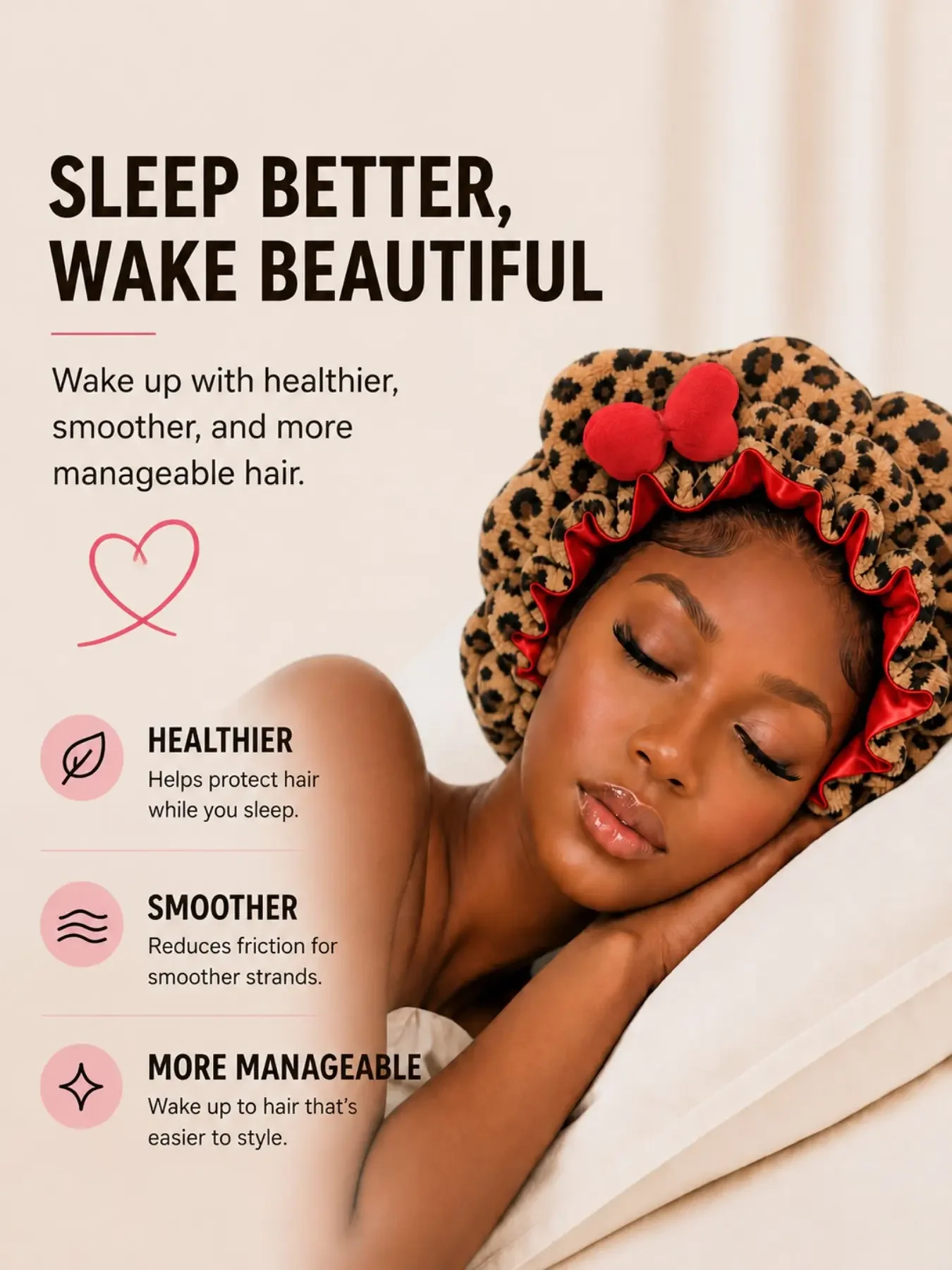 1 Stück Luxuriöse Schlafmütze mit Leopardenmuster aus Rosa Teddyfleece, Verstellbare Anti-Frizz-Mütze mit Satinfutter, Bequem Dehnbar – Detail 9