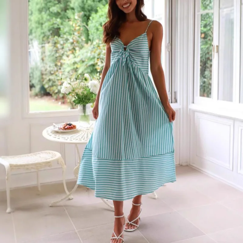 

SKINNY Striped Strap Dresses for Summer Women's Dress Sexy Backless Lace up Elastic High Waist Sleeveless V-neck Strap Dress