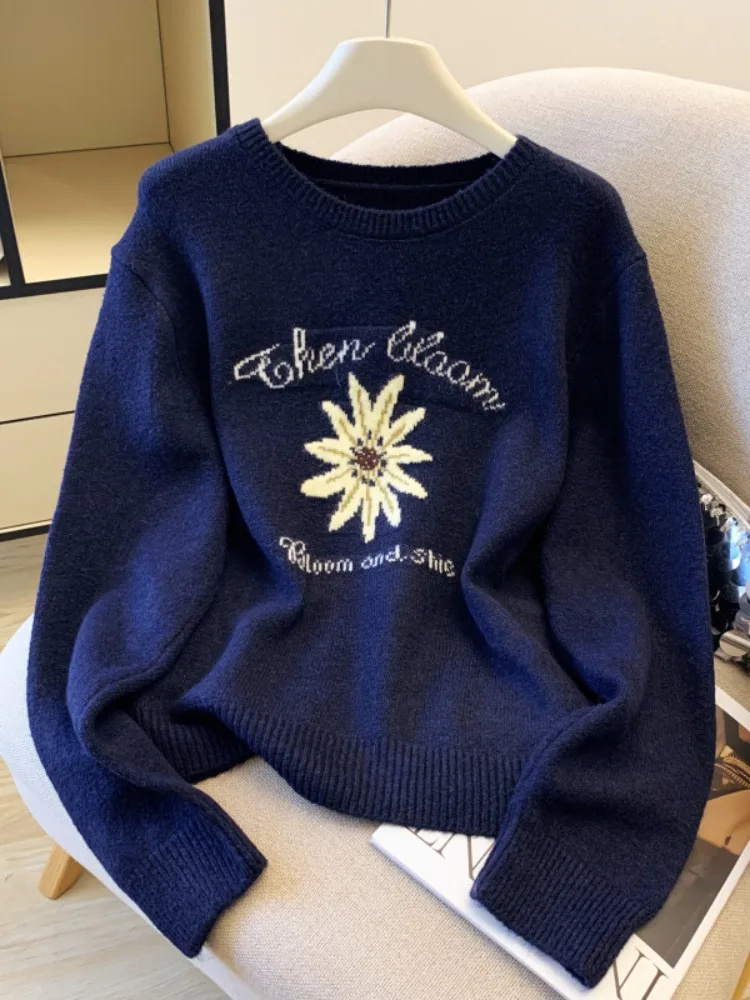 

Loose Knitted Flower Pattern Sweater Women's Autumn Winter Inner Wear Slimming Knitted Base irt Korean Sle Commute