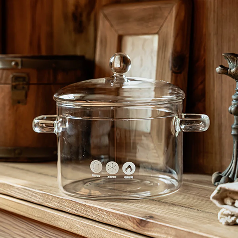 High Temperature Resistant Glass Pot with Lid Retro Style Double Handle Transparent Cookware for Home Kitchen Soup Stew