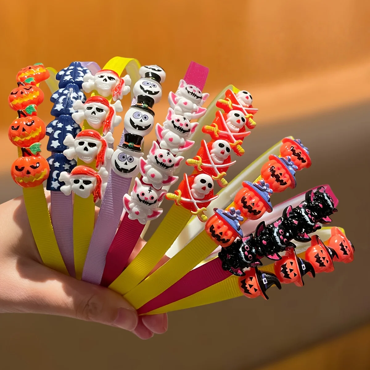 1/2/3 Buah Kepala Labu dan Kepala Tengkorak, Ikat Kepala Anti Selip untuk Aksesori Rambut Halloween, Cocok untuk Pesta dan Tari