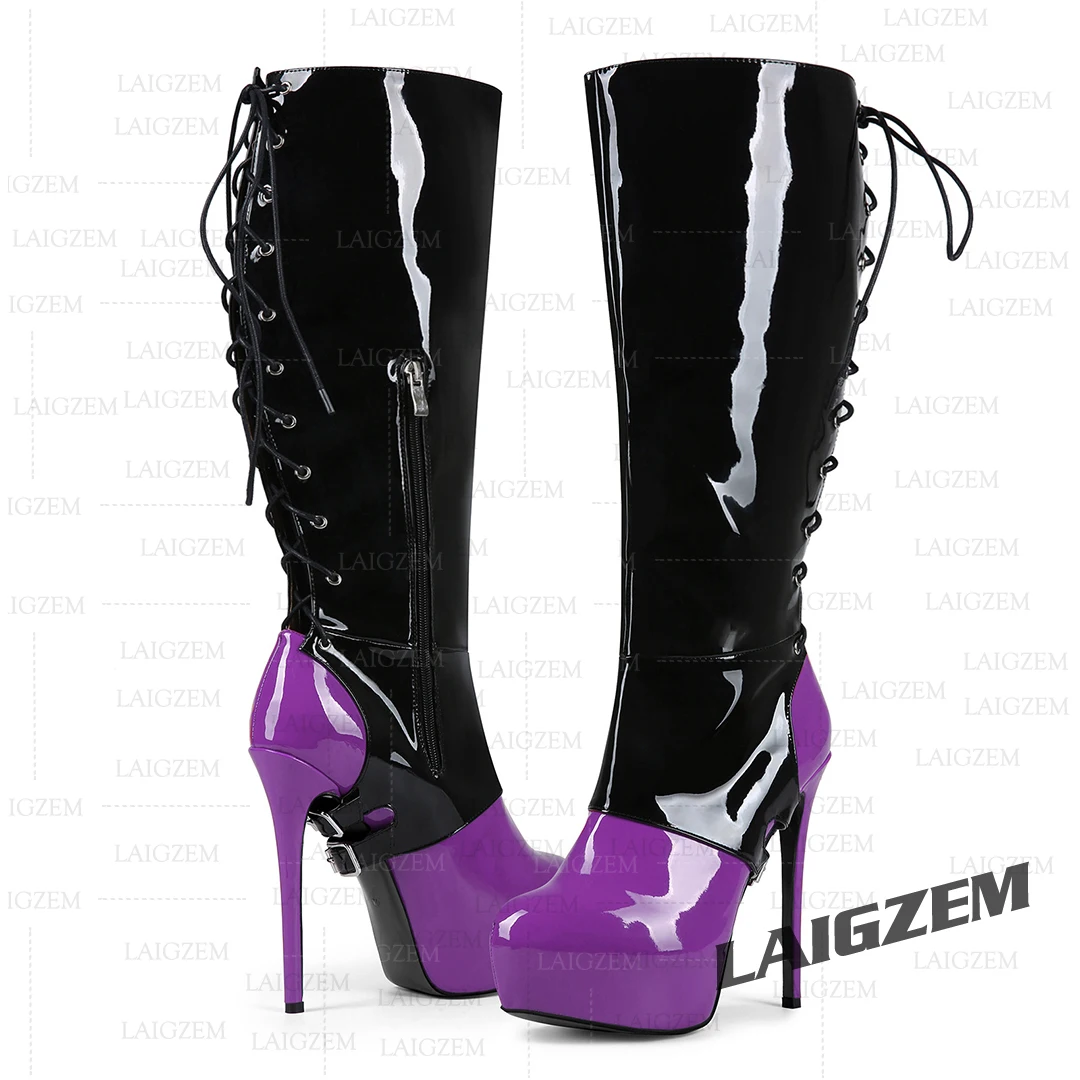 LAIGZEM Women Knee High Boots Patchwork Platform Round Toe Thin Heels Side Zip Tall Boots Ladies Shoes Woman Big Size 38 43 52