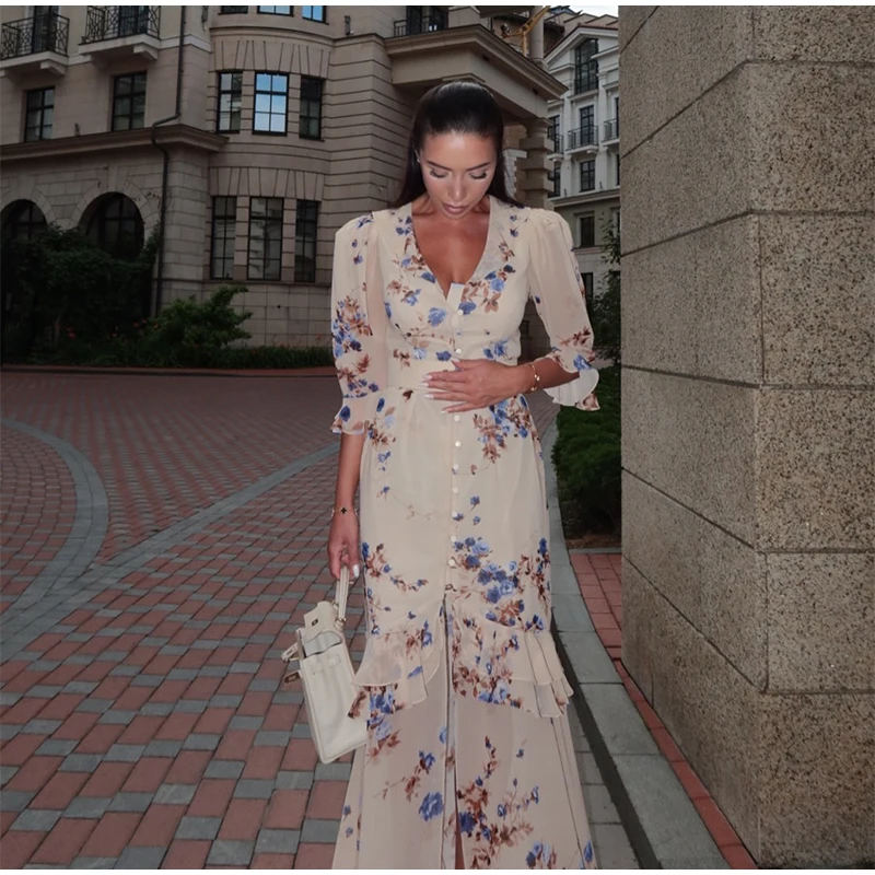Elegant Ruffle Women's Long Dresses V Neck Half Sleeve Button Waist Cinching Pleated Dress 2026 Spring Lady Fashion Party Robes