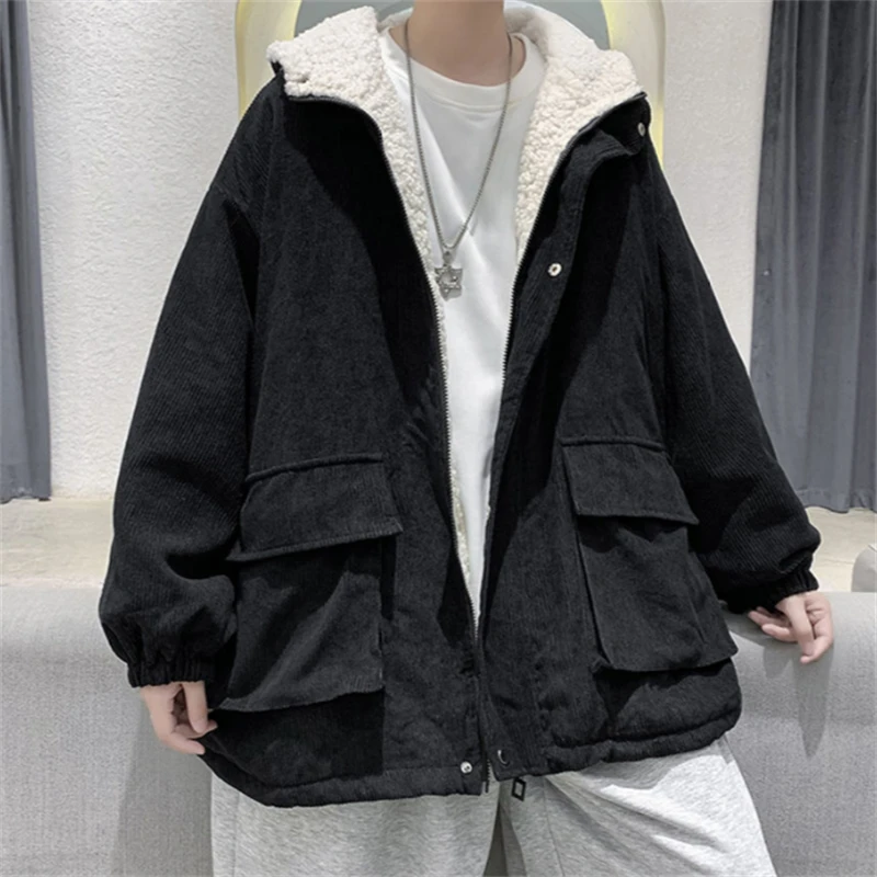 Men's Thicken Cotton Corduroy Coats Casual Street Style Solid Color Loose Hooded Coat Winter Hoodie Man