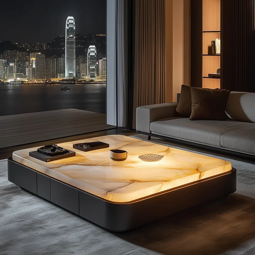 

Luminous jade tea table natural marble rectangular luxury stone high-grade luxury wind villa living room tea table