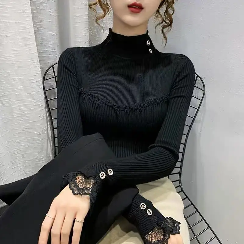 Temperament Lace Patchwork Slim Bottoming Shirt Autumn Winter Elegant Long Sleeve Solid Sweaters Pullovers Fashion Women Clothes