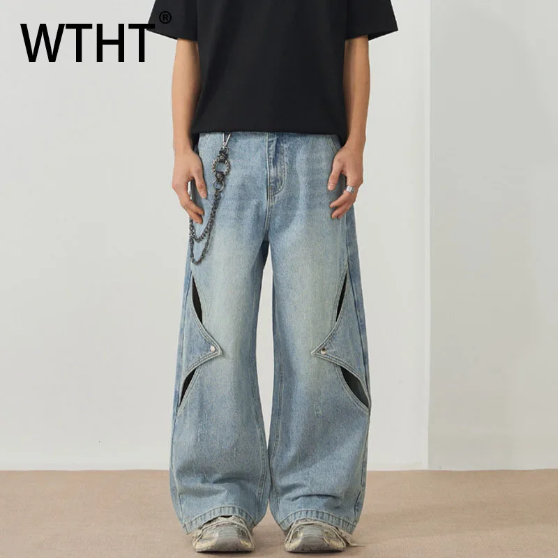 

WTHT Vintage Men's Do Old Patchwork Hollow Out Design Denim Pants Fashion Wide Leg Straight Jeans Male 2025 Autumn 2A2291